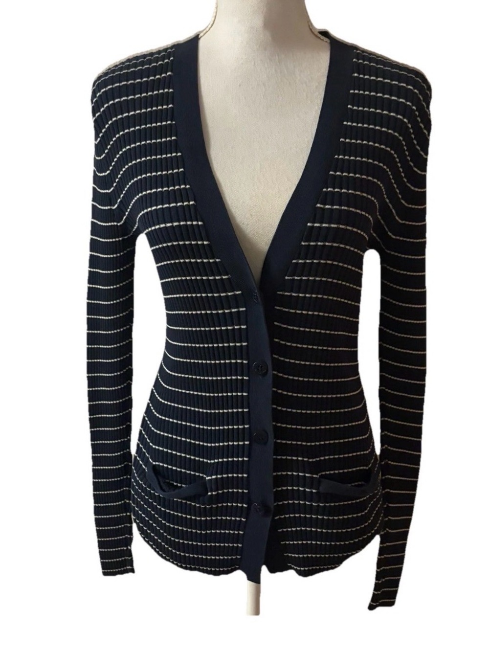 Lauren Ralph Lauren Navy Striped Ribbed Cardigan Sz Medium 100% Cotton